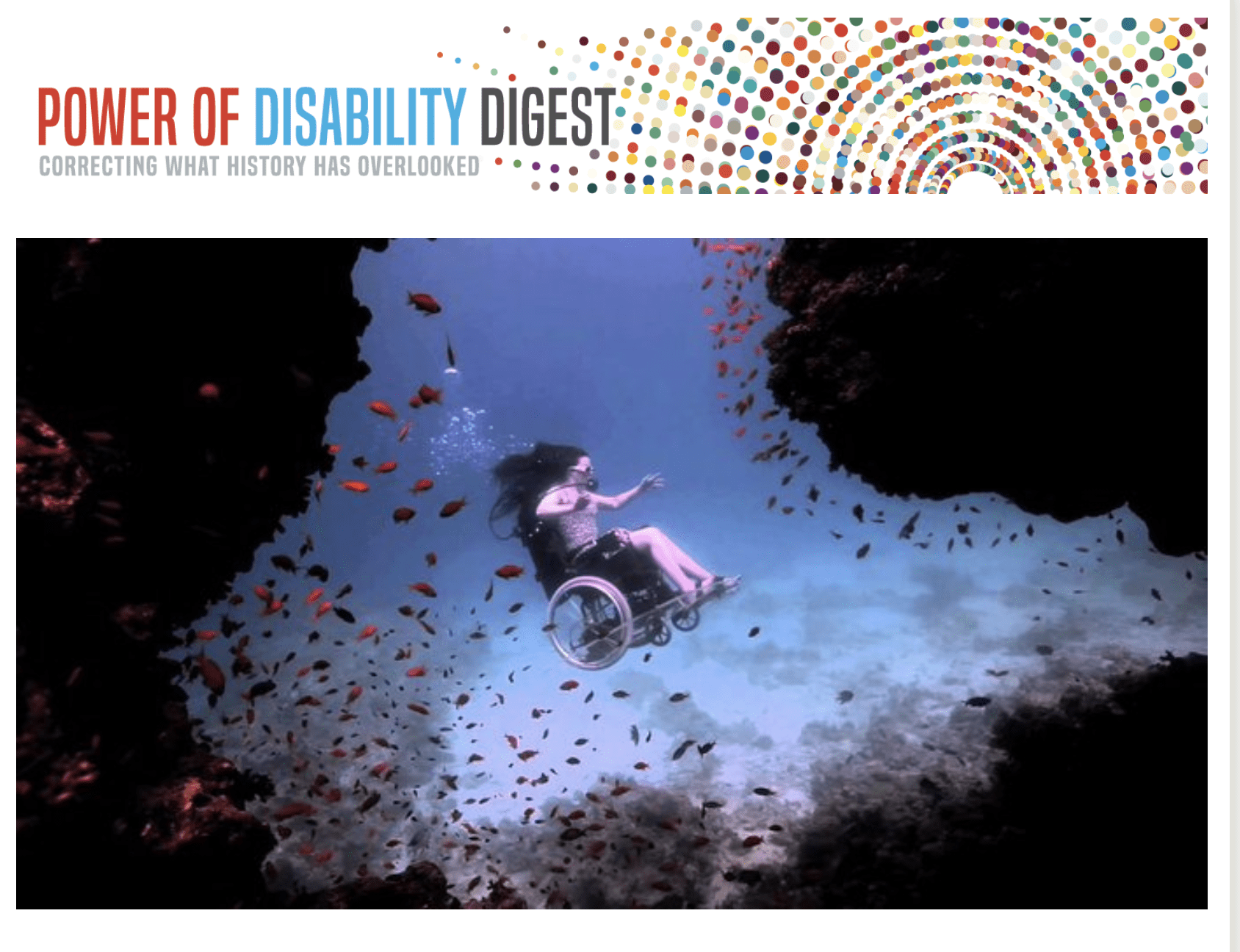 a woman in a wheelchair in the ocean with orange fish all around her. by UK artist Susan Austin, underwater performance in wheelchair, 2013 aimed to challenge perceptions of disability