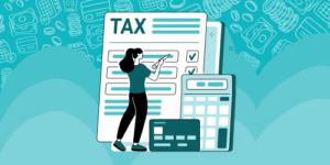Illustration of a person filling out a tax form.